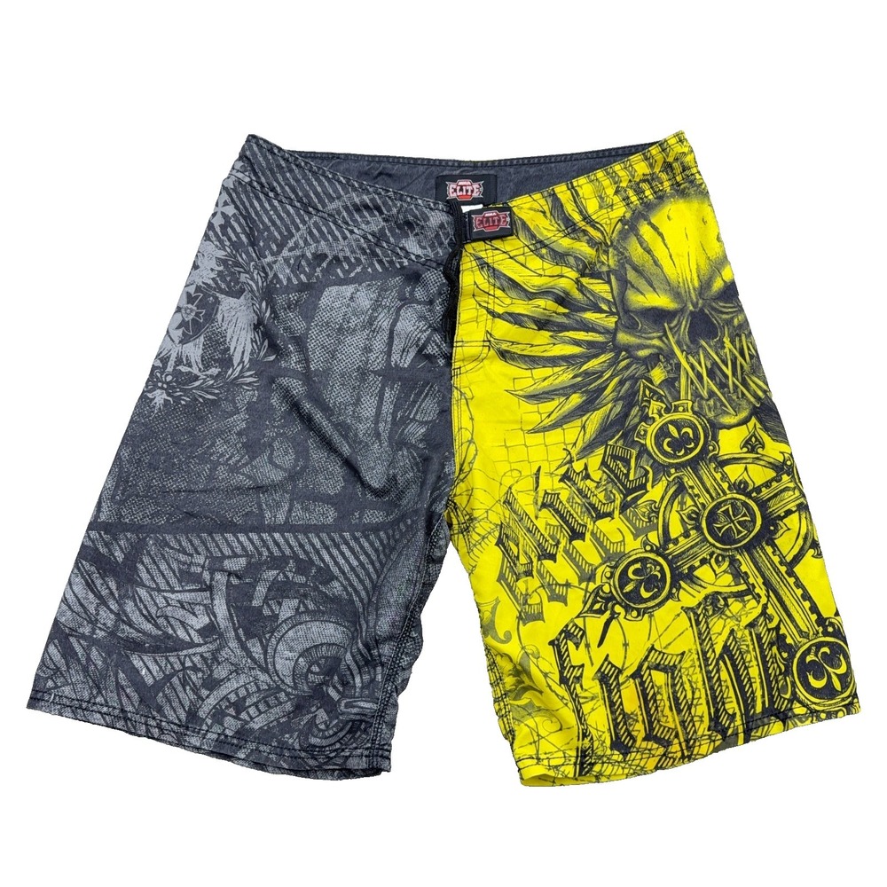 MMA Elite Board Shorts Men Large Yellow Gray Swim Trunks Skull Wings AOP Y2K
